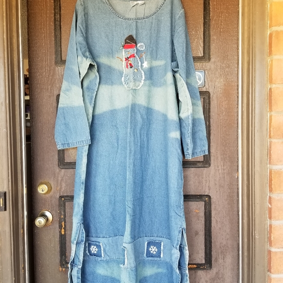 Christmas Snowman Bleu Bayou Blue White Denim Maxi Dress Size 2X - Picture 3 of 8